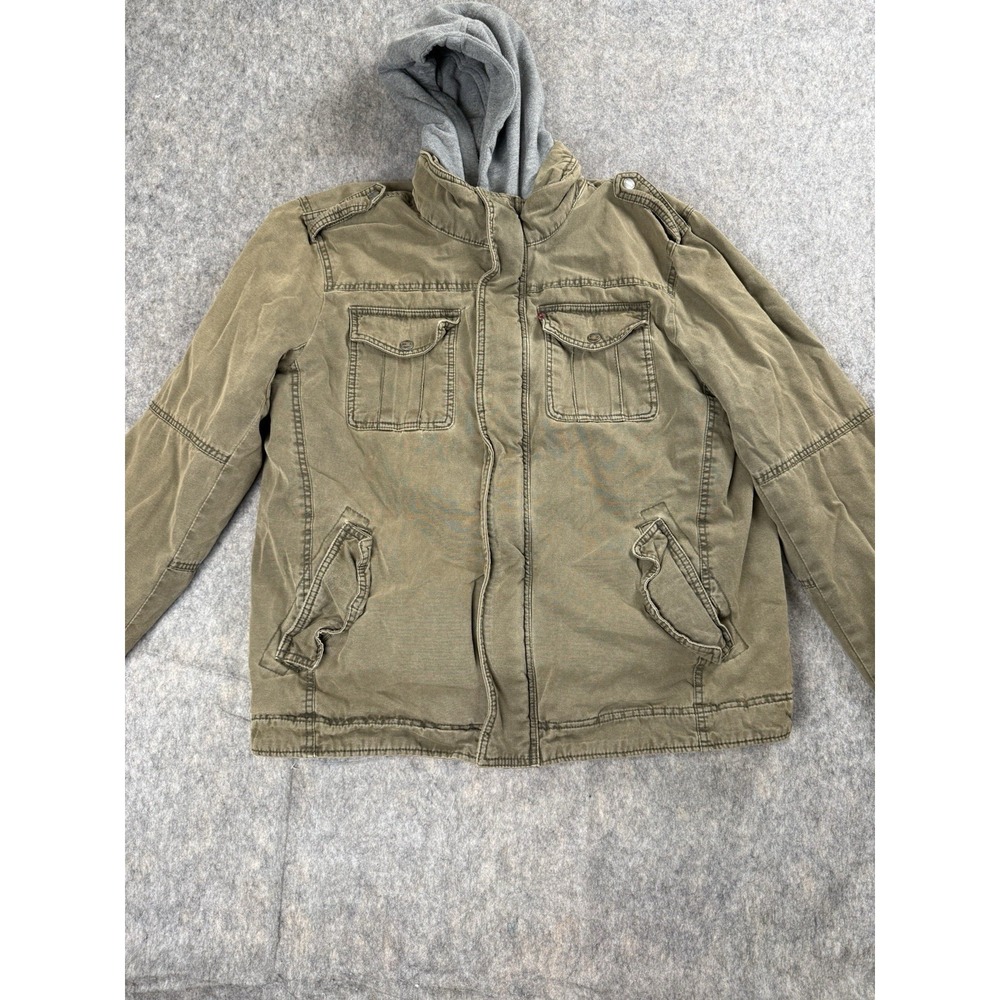 Levi's Sherpa Lined Military Chore Jacket Mens Large Green Canvas Faded Hooded